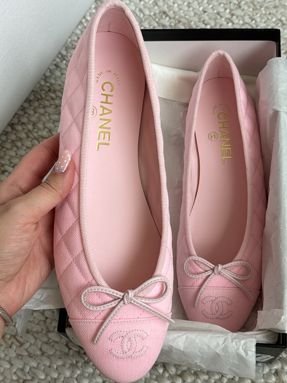 CHANEL Light Pink Quilted Leather Ballet Flats